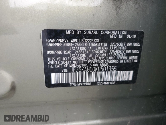 2019 Subaru Forester Premium with VIN JF2SKAGC0KH501355, listed as a Copart auction lot 50775715 with 112,073 mi miles and Salvage Title. Bid and sale history available at carsss.com. Image 12.