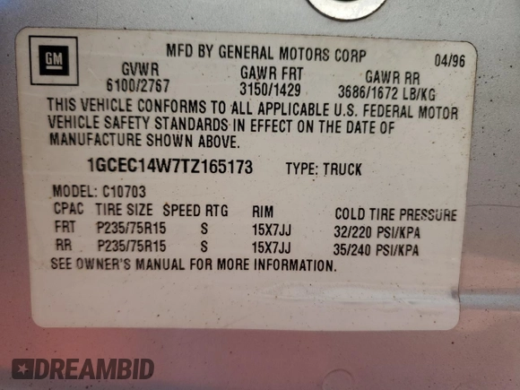 1996 Chevrolet Silverado 1500 with VIN 1GCEC14W7TZ165173, listed as a Copart auction lot 86273094 with 168,737 mi miles and Salvage Title. Bid and sale history available at DreamBid. Image 12.