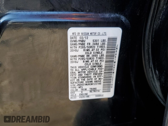 2012 Infiniti FX with VIN JN8AS1MU6CM122168, listed as a Copart auction lot 51761085 with 143,449 mi miles and Salvage title. Bid and sale history available at DreamBid. Image 16.