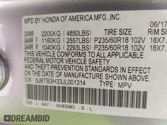 2018 Acura RDX with VIN 5J8TB3H33JL001314, listed as a IAAI auction lot 42320942 with 61,206 mi miles and . Bid and sale history available at DreamBid. Image 9.