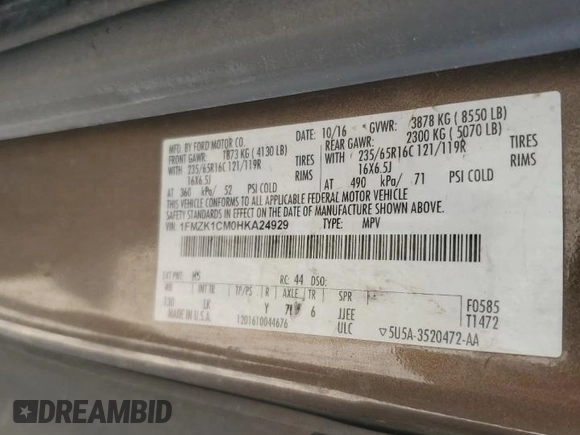 2017 Ford Transit XL с VIN 1FMZK1CM0HKA24929, выставлен на аукционе Copart как лот 61582205 с пробегом 417 641 миль миль и Списание • Salvage title. История ставок и продаж доступна на DreamBid. Изображение 14.