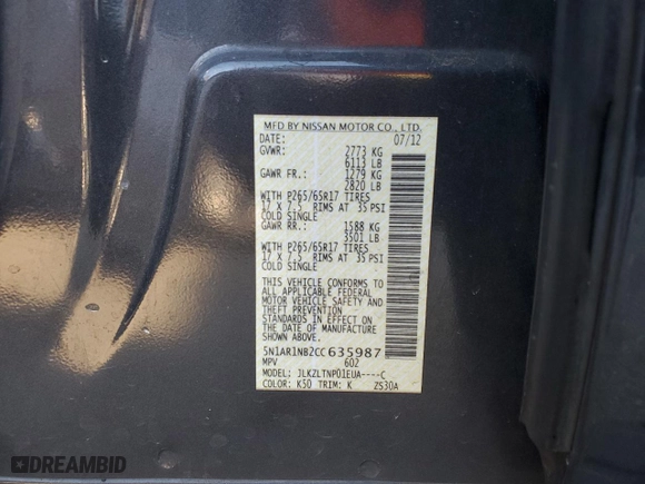 2012 Nissan Pathfinder S with VIN 5N1AR1NB2CC635987, listed as a Copart auction lot 81330264 with 138,240 mi miles and Clean Title. Bid and sale history available at carsss.com. Image 13.