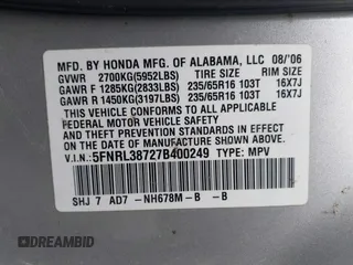 2007 Honda Odyssey EX-L with VIN 5FNRL38727B400249, listed as a IAAI auction lot 41813836 with 275,661 mi miles. Bid and sale history available at carsss.com. Image 9.