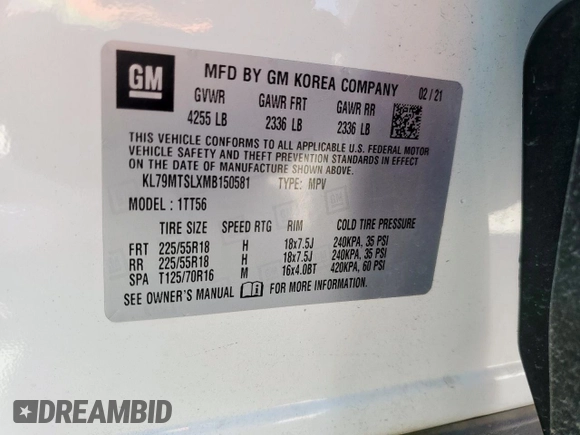 2021 Chevrolet TrailBlazer RS with VIN KL79MTSLXMB150581, listed as a Copart auction lot 54243785 with 42,459 mi miles and Salvage Title. Bid and sale history available at DreamBid. Image 13.
