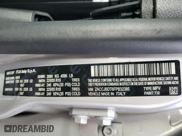 2015 Jeep Renegade Limited with VIN ZACCJBDT6FPB32385, listed as a Copart auction lot 43336825 with 97,651 mi miles and Salvage Title. Bid and sale history available at DreamBid. Image 13.