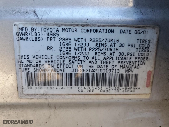 2001 Toyota Highlander with VIN JTEGF21A210019713, listed as a Copart auction lot 46082695 with 222,649 mi miles and Salvage Title. Bid and sale history available at carsss.com. Image 12.