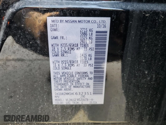 2017 Nissan Pathfinder SL with VIN 5N1DR2MM1HC632351, listed as a Copart auction lot 48970295 with 75,638 mi miles and Salvage Title. Bid and sale history available at DreamBid. Image 13.