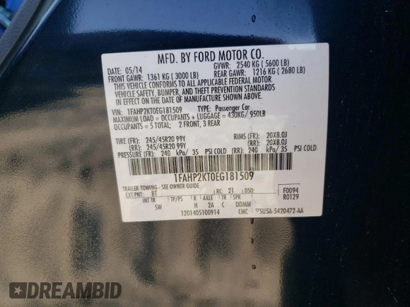 2014 Ford Taurus SHO with VIN 1FAHP2KT0EG181509, listed as a Copart auction lot 52615335 with 205,743 mi miles and Salvage title. Bid and sale history available at DreamBid. Image 12.