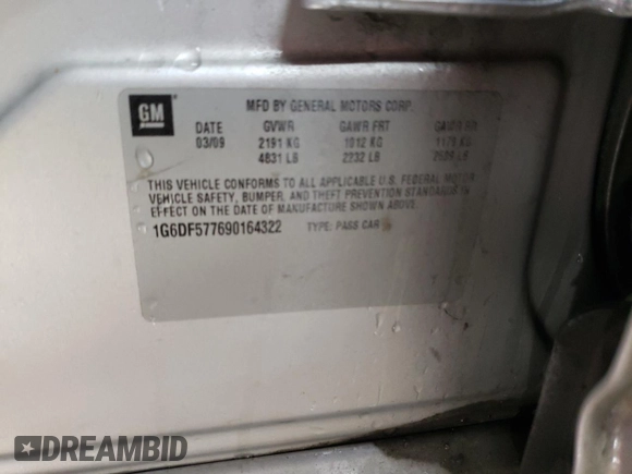 2009 Cadillac CTS RWD with VIN 1G6DF577690164322, listed as a Copart auction lot 51797925 with Not provided miles and Salvage title. Bid and sale history available at DreamBid. Image 12.