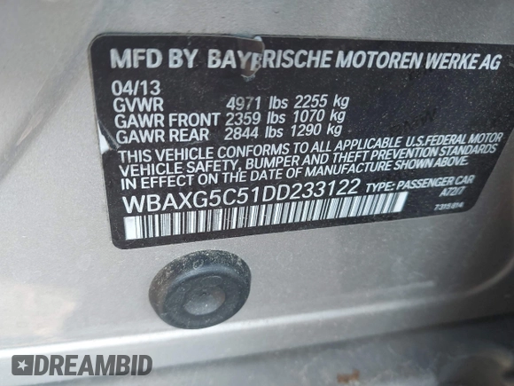 2013 BMW 5 Series 528i with VIN WBAXG5C51DD233122, listed as a IAAI auction lot 42161809 with 70,242 mi miles and . Bid and sale history available at DreamBid. Image 9.