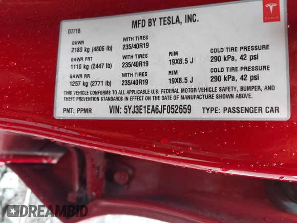 2018 Tesla Model 3 Long Range Battery with VIN 5YJ3E1EA6JF052659, listed as a IAAI auction lot 42093903 with 49,255 mi miles and . Bid and sale history available at DreamBid. Image 9.
