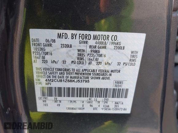2008 Mercury Mariner с VIN 4M2CU81Z68KJ53795, выставлен на аукционе IAAI как лот 42424116 с пробегом Не указан миль и . История ставок и продаж доступна на DreamBid. Изображение 9.