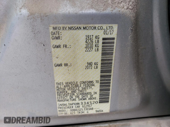 2017 Nissan Altima S with VIN 1N4AL3APXHN334520, listed as a Copart auction lot 45283124 with 111,381 mi miles and Salvage Title. Bid and sale history available at DreamBid. Image 12.