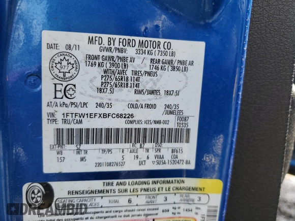 2011 Ford F-150 XL with VIN 1FTFW1EFXBFC68226, listed as a Copart auction lot 52339695 with 207,177 mi miles and Salvage Title. Bid and sale history available at carsss.com. Image 12.