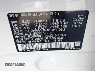 2017 Honda HR-V EX with VIN 3CZRU5H54HM710904, listed as a IAAI auction lot 41120244 with 1 mi miles. Bid and sale history available at carsss.com. Image 9.