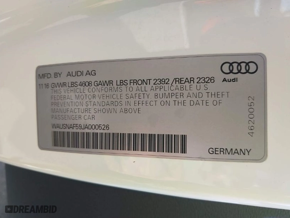 2018 Audi A5 Coupe Premium with VIN WAUSNAF59JA000526, listed as a IAAI auction lot 40595542 with 78,007 mi miles. Bid and sale history available at carsss.com. Image 9.