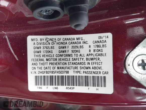 2015 Honda Civic EX with VIN 2HGFB2F85FH503798, listed as a IAAI auction lot 42019022 with 151,109 mi miles and . Bid and sale history available at carsss.com. Image 9.