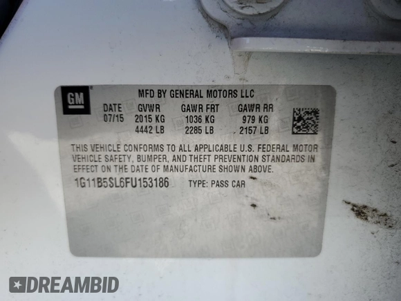 2015 Chevrolet Malibu LS with VIN 1G11B5SL6FU153186, listed as a Copart auction lot 52043655 with 181,422 mi miles and Salvage Title. Bid and sale history available at DreamBid. Image 12.