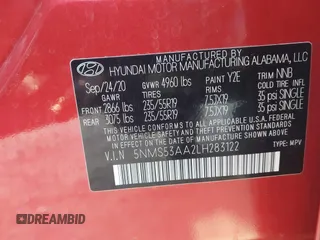 2020 Hyundai Santa Fe Limited with VIN 5NMS53AA2LH283122, listed as a IAAI auction lot 41259980 with 16,080 mi miles and . Bid and sale history available at DreamBid. Image 9.