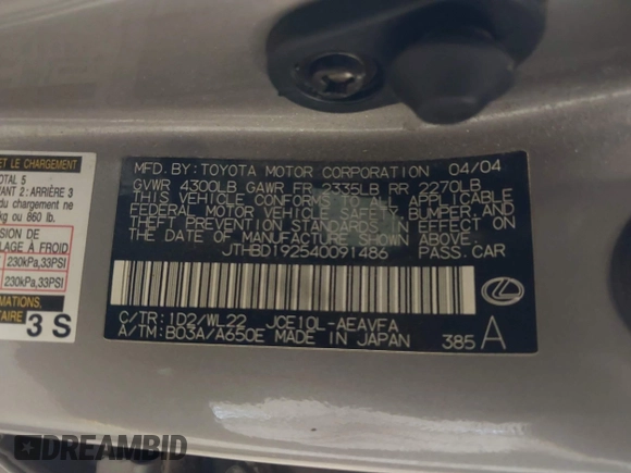 2004 Lexus IS 300/350 z VIN JTHBD192540091486, wystawiony jako IAAI lot #41826491 z przebiegiem Nie podano mil oraz . Historia ofert i sprzedaży dostępna na DreamBid. Obrazek 9.