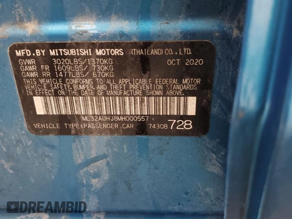 2021 Mitsubishi Mirage ES с VIN ML32AUHJ8MH000557, выставлен на аукционе Copart как лот 56660735 с пробегом 85 171 миль миль и Списание • Salvage title. История ставок и продаж доступна на DreamBid. Изображение 12.