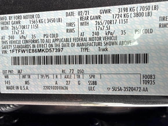2021 Ford F-150 XL with VIN 1FTFW1E86MKD57397, listed as a Copart auction lot 62959355 with 59,227 mi miles and Salvage title. Bid and sale history available at DreamBid. Image 10.