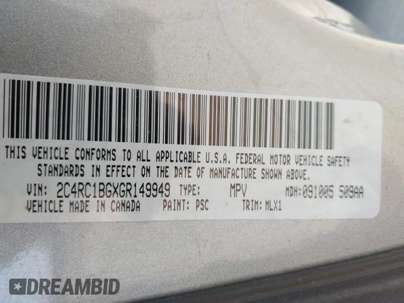 2016 Chrysler Town & Country Touring with VIN 2C4RC1BGXGR149949, listed as a IAAI auction lot 42074695 with 52,644 mi miles. Bid and sale history available at carsss.com. Image 9.