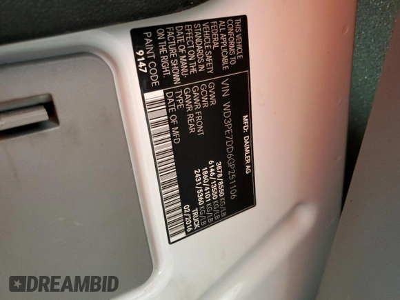 2016 Mercedes-Benz Sprinter Cargo with VIN WD3PE7DD6GP251106, listed as a Copart auction lot 37307944 with Not Provided miles. Bid and sale history available at carsss.com. Image 13.