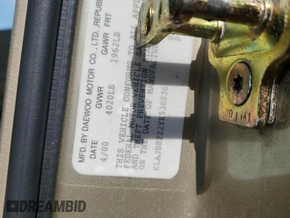2000 Daewoo Nubira CDX z VIN KLAJB82Z2YK536836, wystawiony jako Copart lot #55621465 z przebiegiem 58 133 mil mil oraz Szkody całkowita. Historia ofert i sprzedaży dostępna na DreamBid. Obrazek 12.