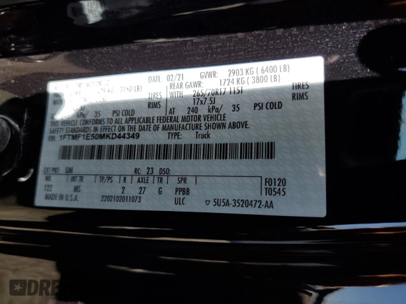 2021 Ford F-150 XL with VIN 1FTMF1E50MKD44349, listed as a Copart auction lot 76947214 with 34,592 mi miles and Salvage title. Bid and sale history available at DreamBid. Image 12.