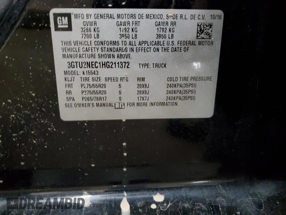 2017 GMC Sierra 1500 SLT z VIN 3GTU2NEC1HG211372, wystawiony jako Copart lot #56509595 z przebiegiem 72 150 mil mil oraz Szkody całkowita. Historia ofert i sprzedaży dostępna na DreamBid. Obrazek 12.