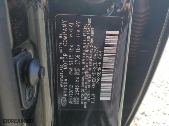 2012 Hyundai Genesis 4.6L with VIN KMHGC4DF3CU198755, listed as a Copart auction lot 50703025 with 91,427 mi miles and Salvage Title. Bid and sale history available at carsss.com. Image 14.