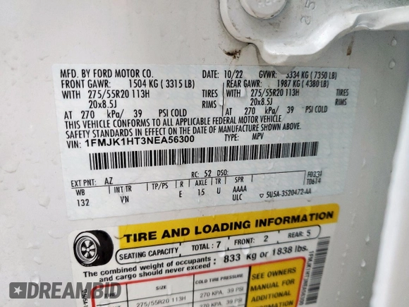 2022 Ford Expedition Max XLT z VIN 1FMJK1HT3NEA56300, wystawiony jako Copart lot #55609435 z przebiegiem 39 486 mil mil oraz Szkoda całkowita • Salvage title. Historia ofert i sprzedaży dostępna na DreamBid. Obrazek 13.