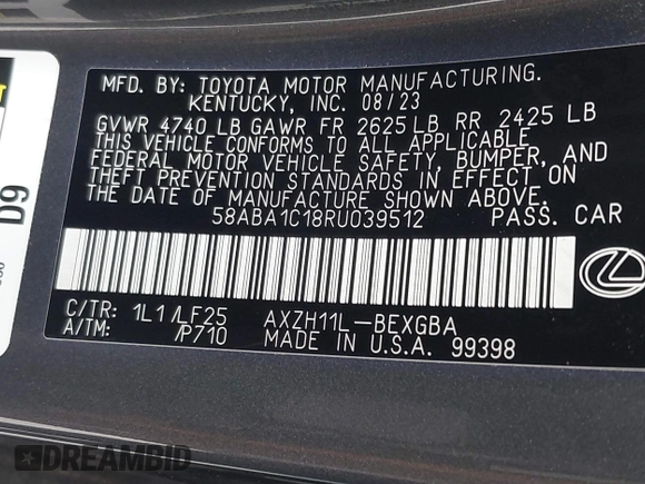 2024 Lexus ES 300h with VIN 58ABA1C18RU039512, listed as a IAAI auction lot 42051732 with 19,728 mi miles and . Bid and sale history available at DreamBid. Image 9.