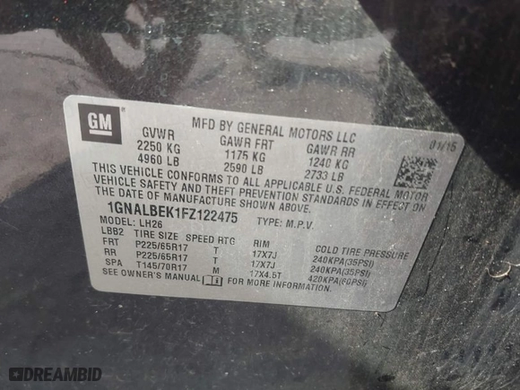 2015 Chevrolet Equinox LT with VIN 1GNALBEK1FZ122475, listed as a IAAI auction lot 41901656 with 154,512 mi miles. Bid and sale history available at carsss.com. Image 9.