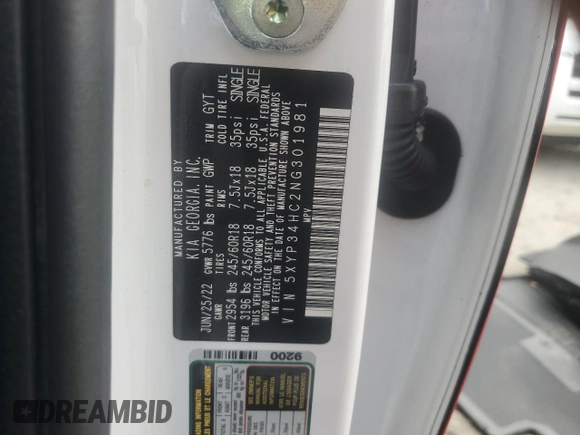 2022 Kia Telluride EX with VIN 5XYP34HC2NG301981, listed as a Copart auction lot 86183774 with 70,373 mi miles and Salvage title. Bid and sale history available at DreamBid. Image 13.