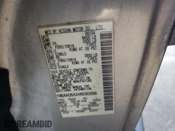 2004 Nissan Titan SE with VIN 1N6AA06AX4N580896, listed as a Copart auction lot 81741484 with 166,016 mi miles and Salvage Title. Bid and sale history available at carsss.com. Image 13.