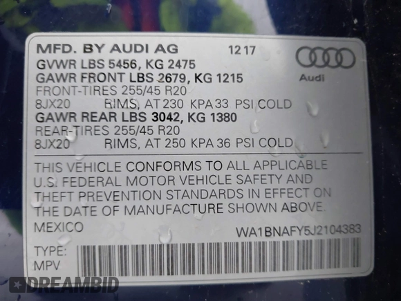 2018 Audi Q5 Premium Plus z VIN WA1BNAFY5J2104383, wystawiony jako IAAI lot #41939168 z przebiegiem 119 503 mil mil oraz . Historia ofert i sprzedaży dostępna na DreamBid. Obrazek 9.