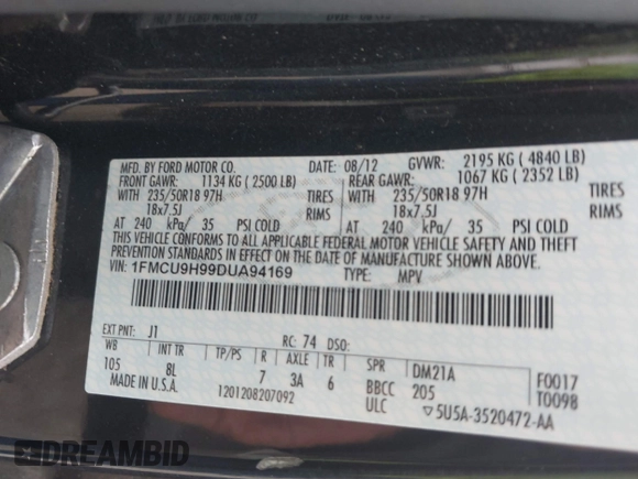 2013 Ford Escape SEL with VIN 1FMCU9H99DUA94169, listed as a IAAI auction lot 41937675 with 106,405 mi miles. Bid and sale history available at carsss.com. Image 9.