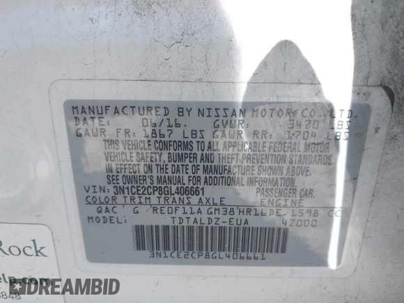 2016 Nissan Note SV with VIN 3N1CE2CP8GL406661, listed as a IAAI auction lot 42138965 with 85,924 mi miles and . Bid and sale history available at DreamBid. Image 9.
