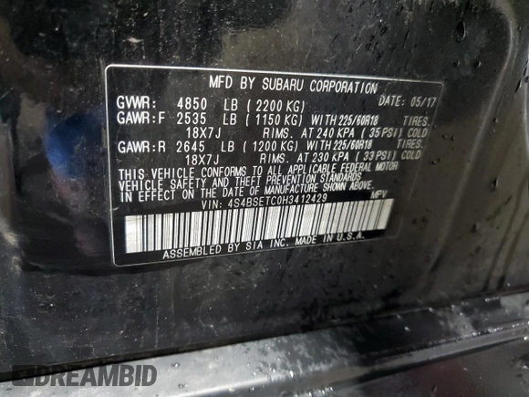 2017 Subaru Outback Touring z VIN 4S4BSETC0H3412429, wystawiony jako Copart lot #60509685 z przebiegiem 92 550 mil mil oraz Szkoda całkowita • Salvage title. Historia ofert i sprzedaży dostępna na DreamBid. Obrazek 14.