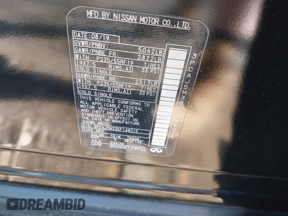 2019 Infiniti QX50 Essential with VIN 3PCAJ5M33KF148215, listed as a IAAI auction lot 42092174 with 82,604 mi miles and . Bid and sale history available at DreamBid. Image 9.