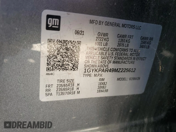 2021 Cadillac XT6 Luxury with VIN 1GYKPAR49MZ225612, listed as a Copart auction lot 73234604 with 78,852 mi miles and Clean title. Bid and sale history available at DreamBid. Image 13.