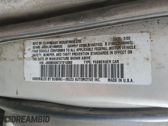 2002 Subaru Legacy L with VIN 4S3BE635727213302, listed as a Copart auction lot 58575235 with 243,886 mi miles and Salvage title. Bid and sale history available at DreamBid. Image 12.