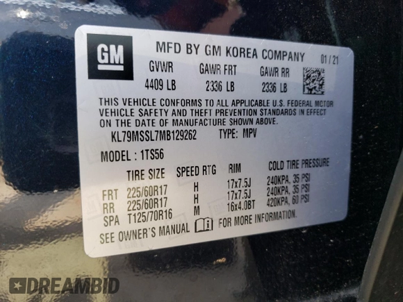 2021 Chevrolet TrailBlazer ACTIV with VIN KL79MSSL7MB129262, listed as a Copart auction lot 64943664 with 33,263 mi miles and Salvage Title. Bid and sale history available at DreamBid. Image 13.