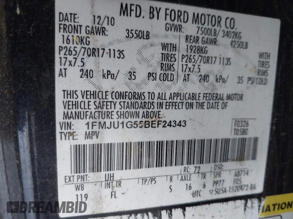 2011 Ford Expedition XL with VIN 1FMJU1G55BEF24343, listed as a IAAI auction lot 42666380 with 182,534 mi miles and . Bid and sale history available at DreamBid. Image 9.