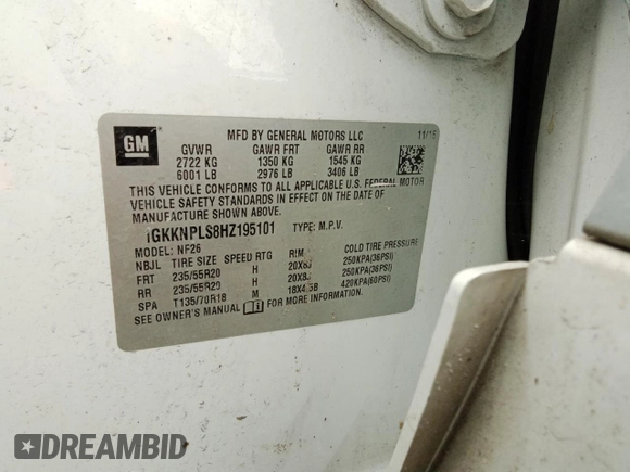 2017 GMC Acadia Denali with VIN 1GKKNPLS8HZ195101, listed as a Copart auction lot 46375685 with Not Provided miles and Salvage Title. Bid and sale history available at DreamBid. Image 13.