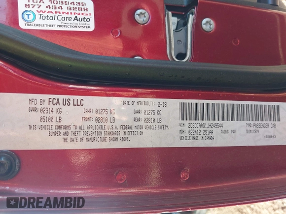 2018 Chrysler 300 Touring with VIN 2C3CCAAG1JH249544, listed as a IAAI auction lot 41307345 with 91,361 mi miles and . Bid and sale history available at DreamBid. Image 9.
