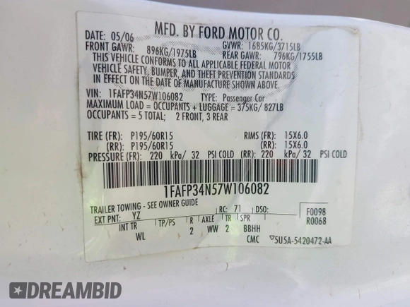 2007 Ford Focus S with VIN 1FAFP34N57W106082, listed as a IAAI auction lot 42594888 with 279,965 mi miles and . Bid and sale history available at DreamBid. Image 9.