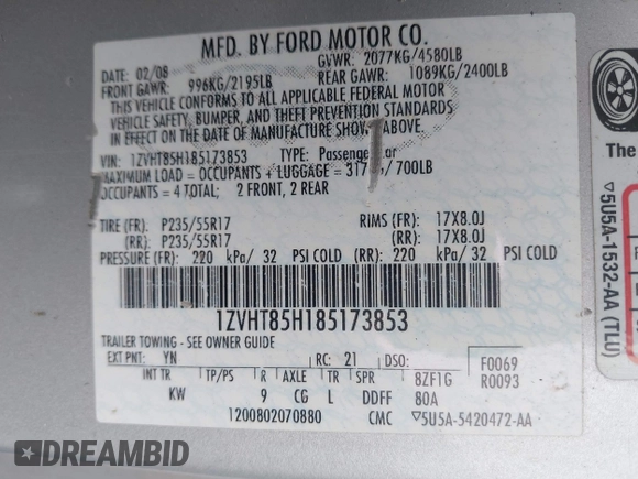 2008 Ford Mustang GT Deluxe with VIN 1ZVHT85H185173853, listed as a IAAI auction lot 42649826 with 176,484 mi miles and . Bid and sale history available at DreamBid. Image 9.